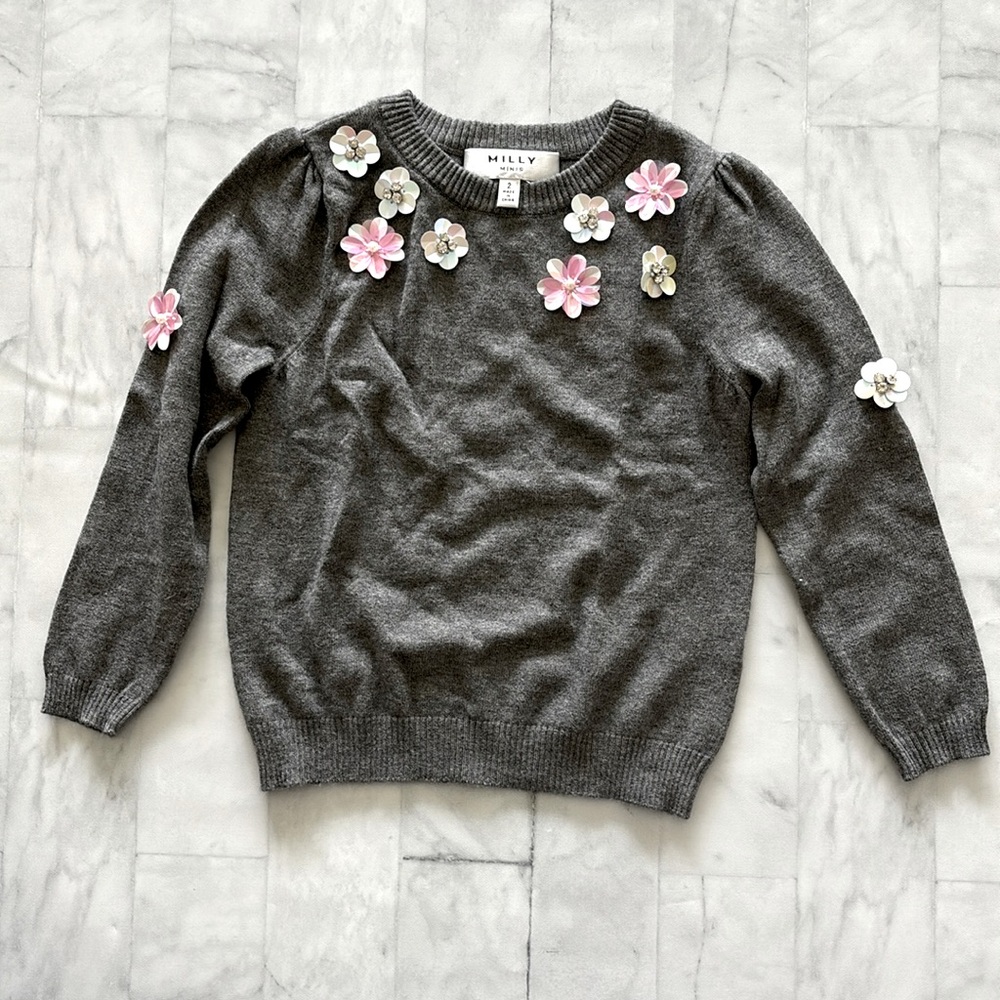 Milly Minis Little Girl’s Embellished Sweater with Iridescent Flowers (Size 2T)